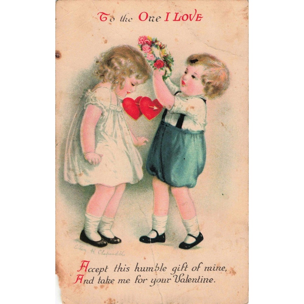 Valentine Postcard Ellen Clapsaddle Signed Children Hearts Divided Back